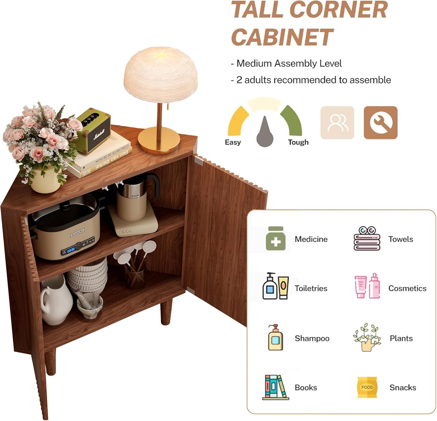 Fluted Floor Corner Kitchen Cabinet with Door, Wooden Freestanding Small Floor Cabinet Organizer, Side Storage Organizer for Living Room, Dining Room, Bathroom Walnut