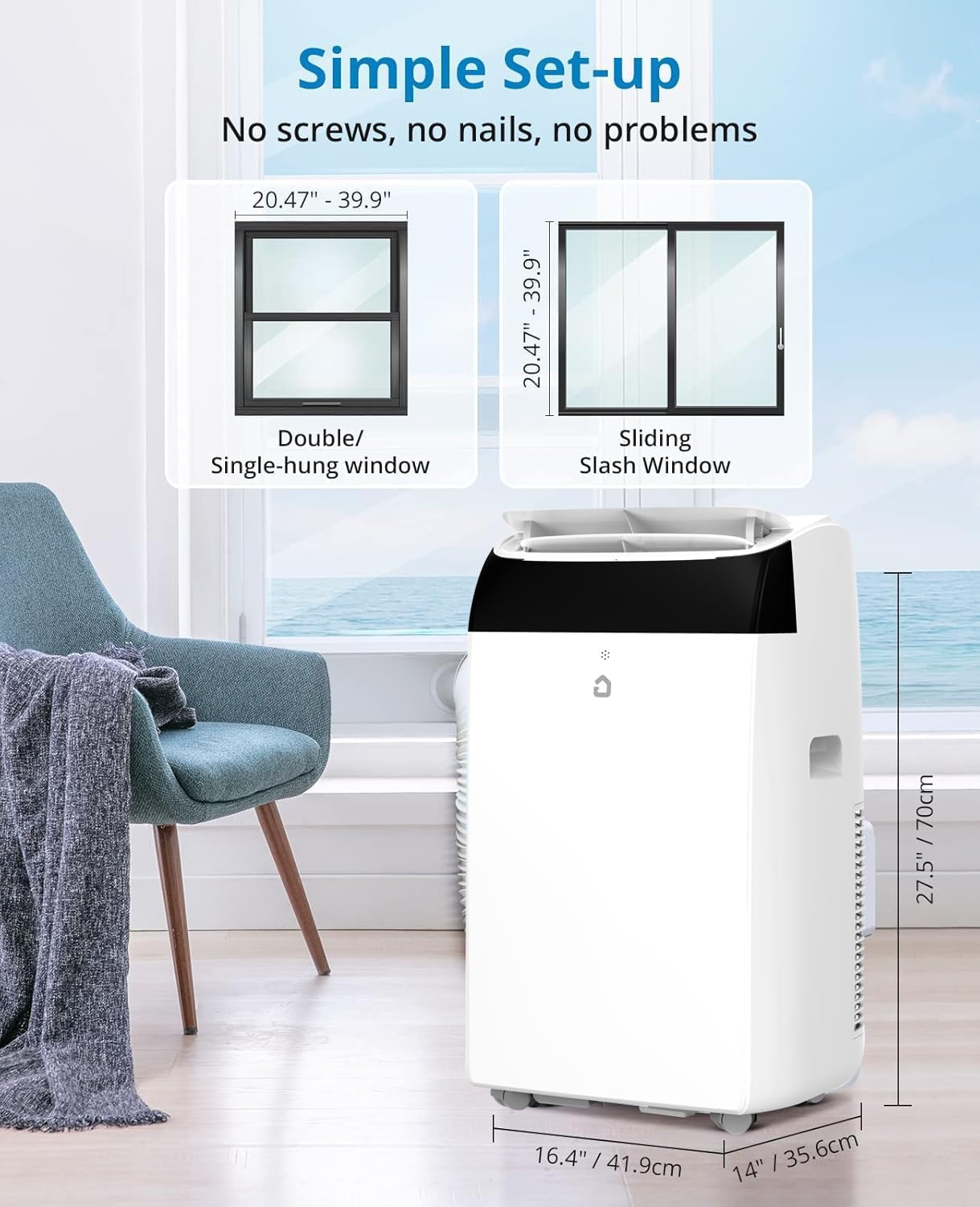 14,000 BTU Portable Air Conditioner - Ultra-Quiet 50dB Cools 750 Sq.Ft In 20 Mins, 3-In-1 Cooling/Dehumidifier/Fan with Remote, 24H Timer & Self-Evaporative Window Kit for Bedroom/Living Room/Office