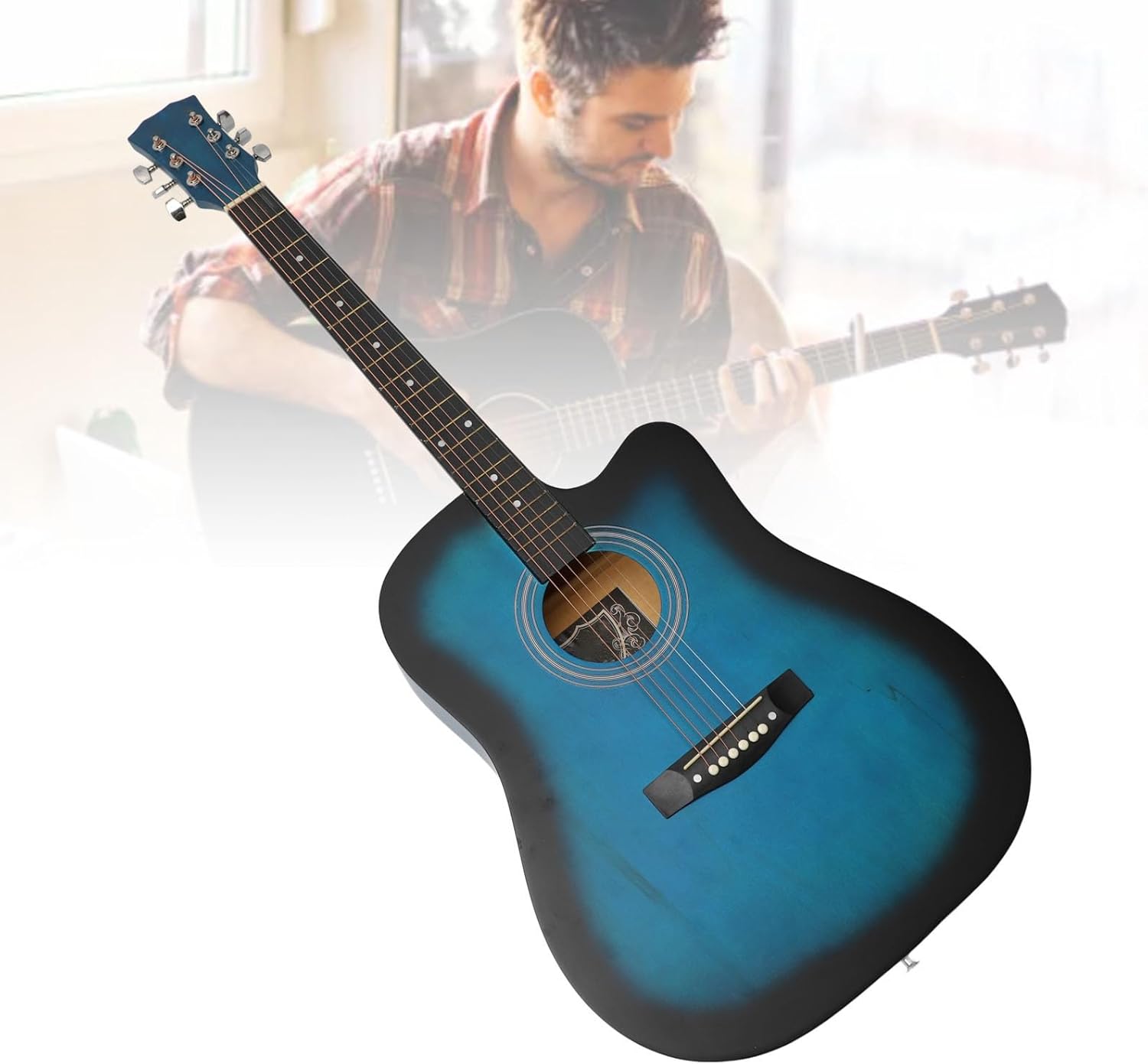 Acoustic Guitar Kit, 41 Inch Guitar Set for Beginners with Picks Capo Spare Strings Strap Bag Basswood Matte Finish Portable