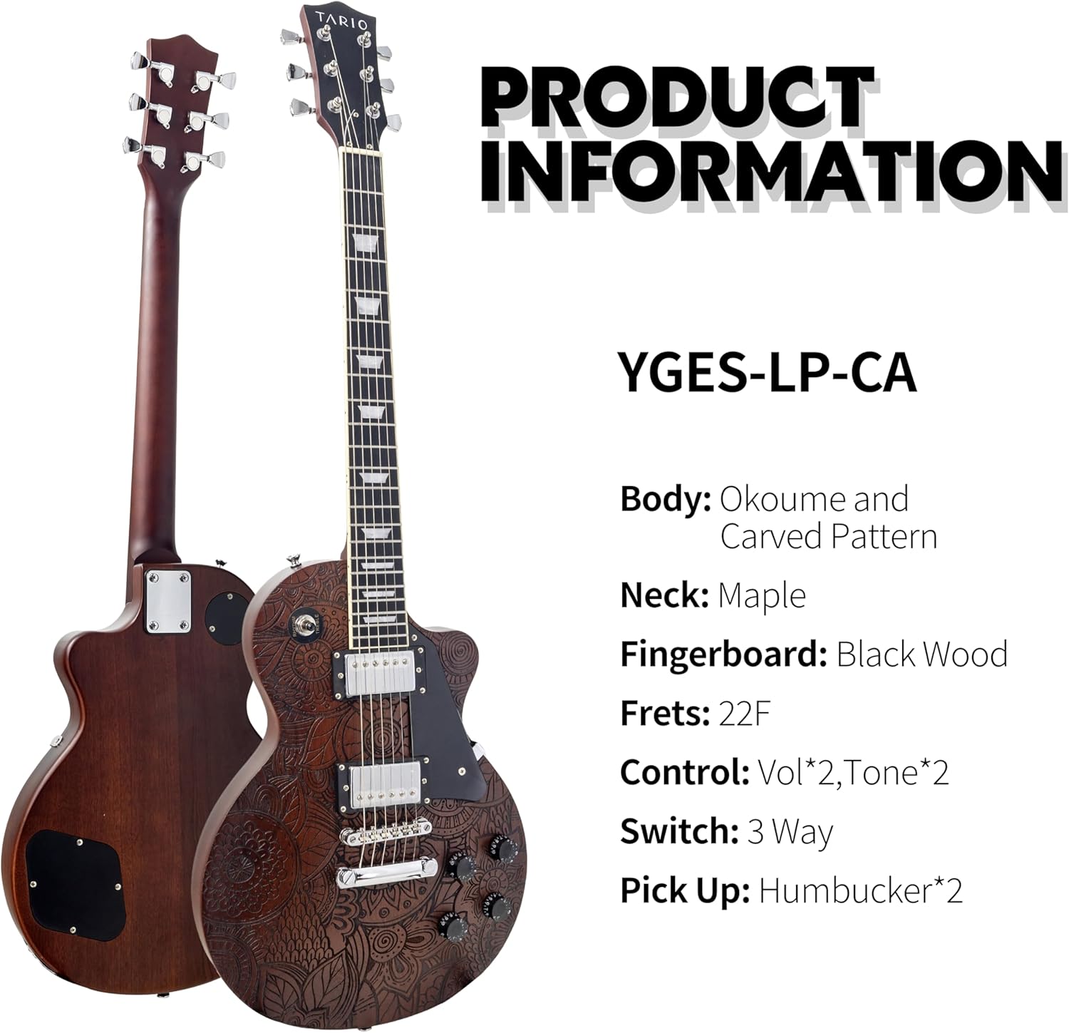 TARIO Electric Guitar Surface engraving pattern design Guitar Okoume Body with Bag