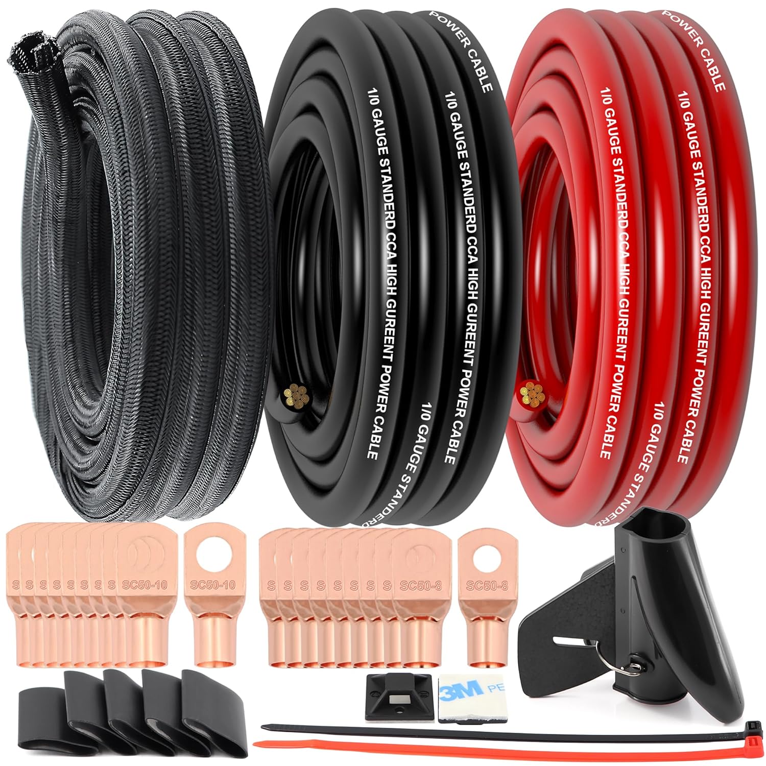 1/0 Gauge Wire CCA (20Ft Each Black/Red) Primary Automotive Wire with Lugs Kit,1/2 Inch Cable Split Sleeving,Battery Cable,Car Amplifier Power Ground Wires,Amp Install Wiring