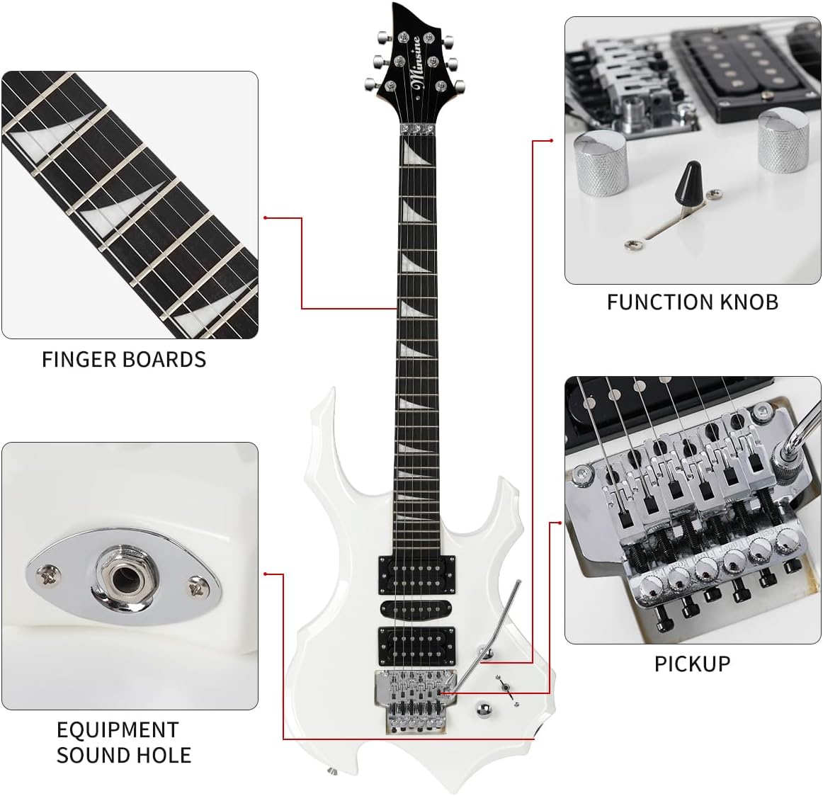 Electric Guitar Kit Flame Design with Rosewood Fretboard, Tremolo Bridge, HSH Pickups – Perfect for Beginners & Pros Solid Body Guitar MS200 (White)