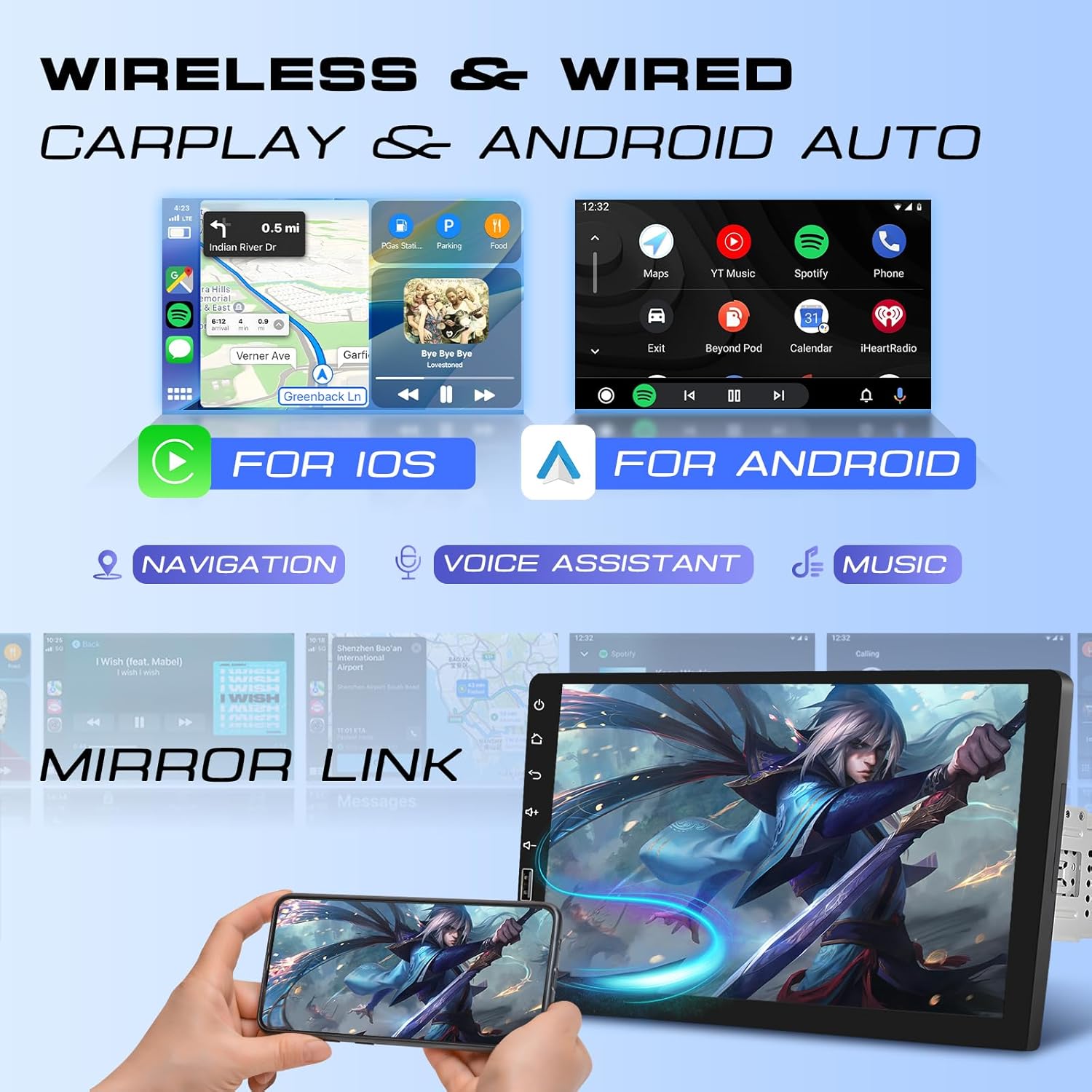 Hodozzy Single Din Car Stereo with 9 Inch IPS Touch Screen, Wireless CarPlay & Android Auto, Bluetooth, FM/AM/RDS Radio, Online Video, Mirror Link,EQ,SWC,USB,Backup Camera & RGB Button Lights