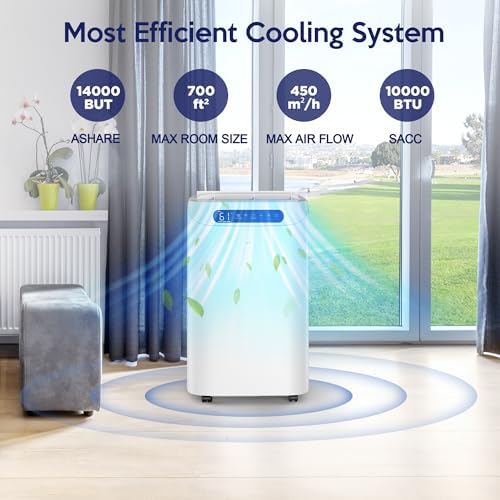 14000 BTU Portable Air Conditioners, Remote Control, 3 in 1 Free Stand Smart Cooling Portable AC Unit with Dehumidifier, Fan, Cools Room up to 700 sq.ft, 24H Timer, Windows Sealing Kit