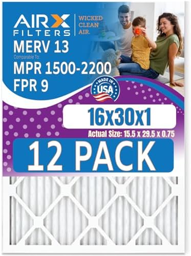 16x30x1 Air Filter MERV 13 Rating, 12 Pack of Furnace Filters Comparable to MPR 1500-2200 & FPR 9 - Made in USA by AIRX FILTERS WICKED CLEAN AIR.