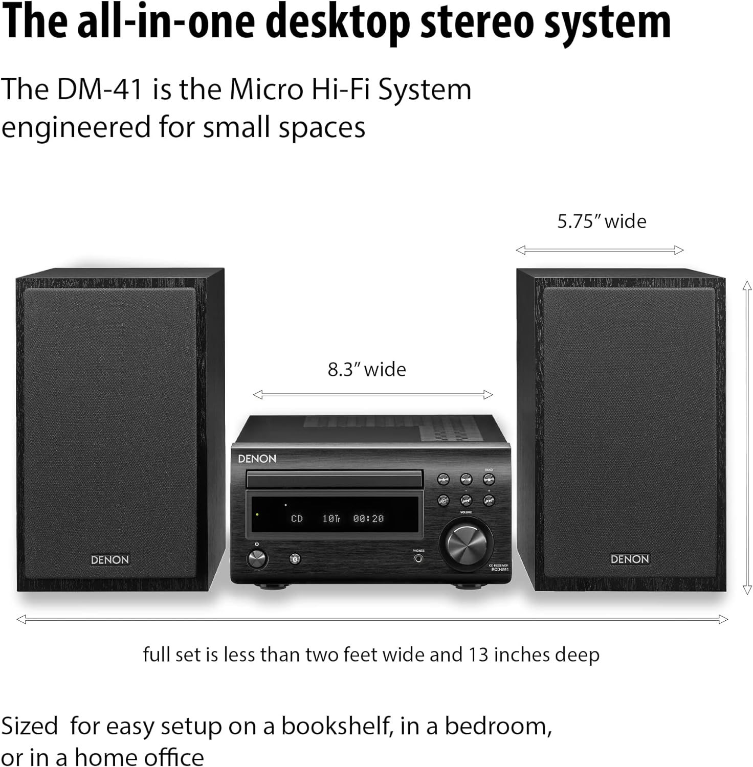 Denon D-M41 Home Theater Mini Amplifier and Bookshelf Speaker Pair - Compact HiFi CD Stereo System with Speakers, FM/AM Tuner, Wireless Bluetooth Amplifier | Perfect for Small Rooms and Home Cinema