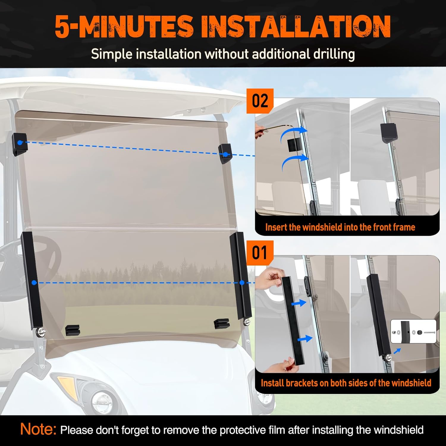Nilight Golf Cart Windshield for Front Window Foldable UV Protection Compatible with Yamaha Drive G29 Gas or Electric Models 2007-2016 Tinted Polycarbonate (PC) Scratch and Impact Resistant