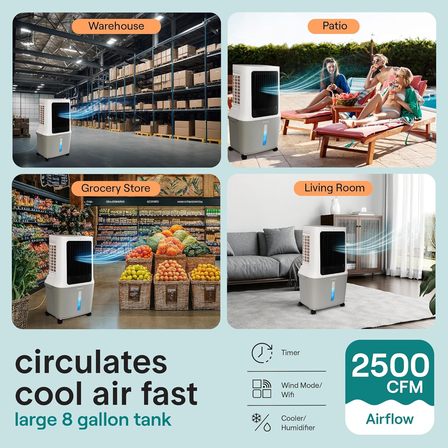SereneLife Portable Swamp Cooler Air Conditioner - 2500 CFM Airflow, 8 Gallon Water Tank Portable Evaporative Air Cooler for Room & Outdoors, WiFi, Humidifier & Fan Modes, Ice Packs & Remote Included