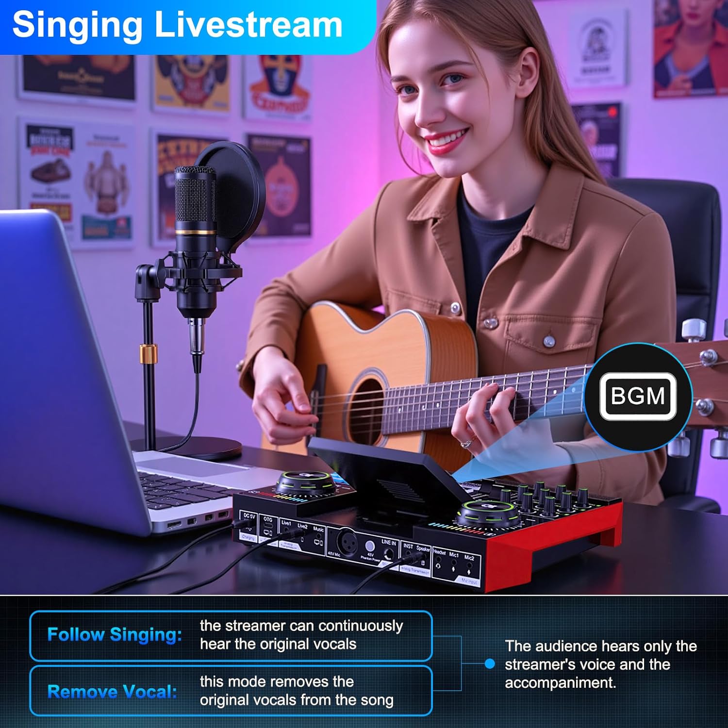 Podcast Microphone Bundle with Live Sound Card Audio Mixer, Podcast Equipment Bundle with 3.5mm BM800 Microphone for Pc/Youtube Live Streaming Singing Gaming, Sound Board with Voice Changer, Denoise