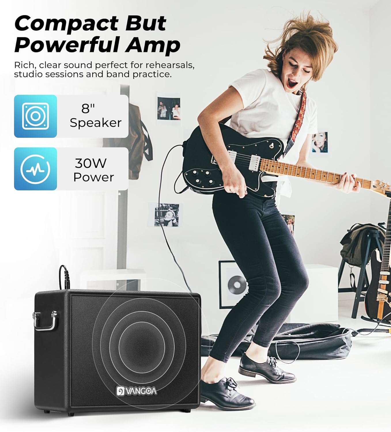 Vangoa Bass Guitar Amp, 30W Portable Bass Amplifier, Equipped with an 8-inch Speaker, Built-in Overdrive Circuit, and midrange dip Contour Switch, Suitable for Indoor and Outdoor bass Practice.