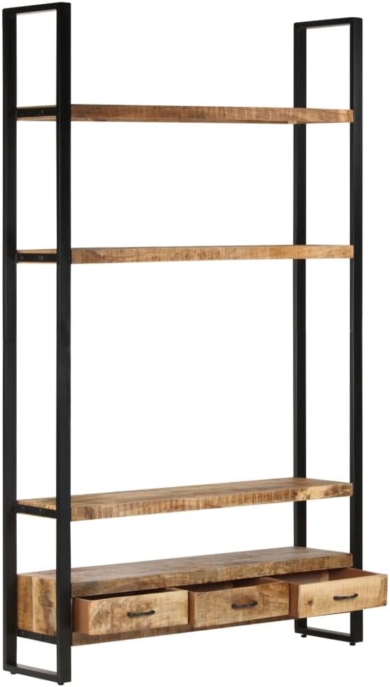Rustic Solid Mango Wood Bookshelf with Black Metal Frame, 3 Spacious Shelves for Books and Decor, Unique Wood Grain Design, Wall Mountable Storage Unit for Living Room Office
