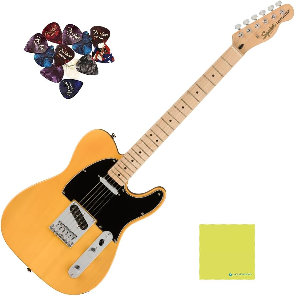Fender Telecaster Guitar Squier Affinity Series, Maple Fingerboard, Butterscotch Blonde Bundle with 12x Fender Guitar Picks & Liquid Audio Instrument Polishing Cloth