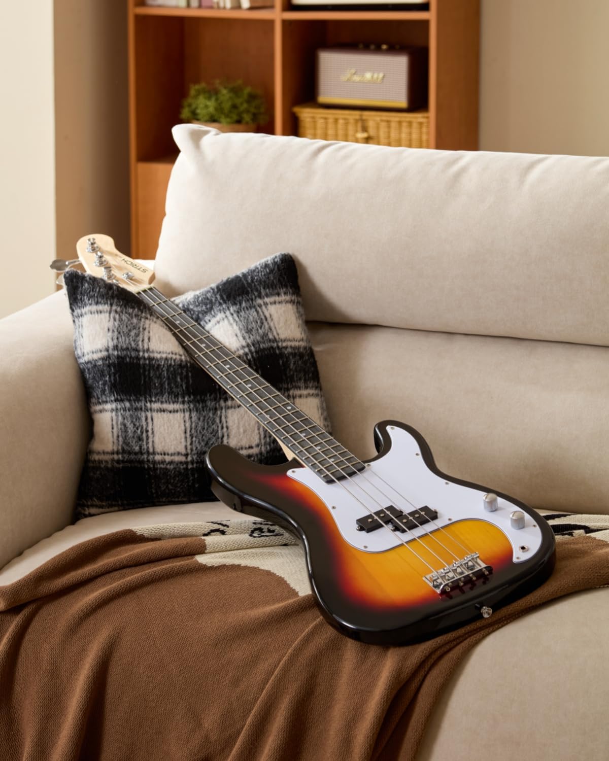 STRICH Electric Bass Guitar 4 Strings Full-Size Beginner Kit, PB-Style Standard Bass for Starter with 2 x 5w Amp, Bag, Tuner, Strap, Cable, SPB-S10 Sunburst