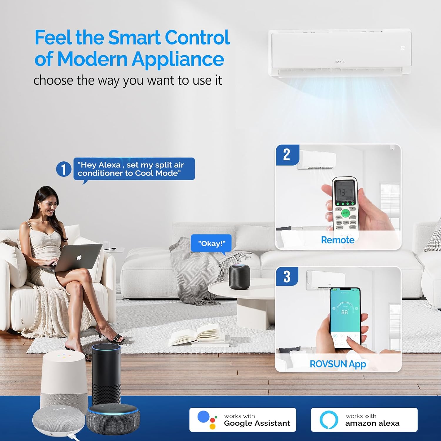 ROVSUN 11500 BTU Wifi Enabled Mini Split Air Conditioner & Heater, 17 SEER2 230V Inverter Ductless Wall AC Unit with Pre-Charged Condenser, Heat Pump & Installation Kit