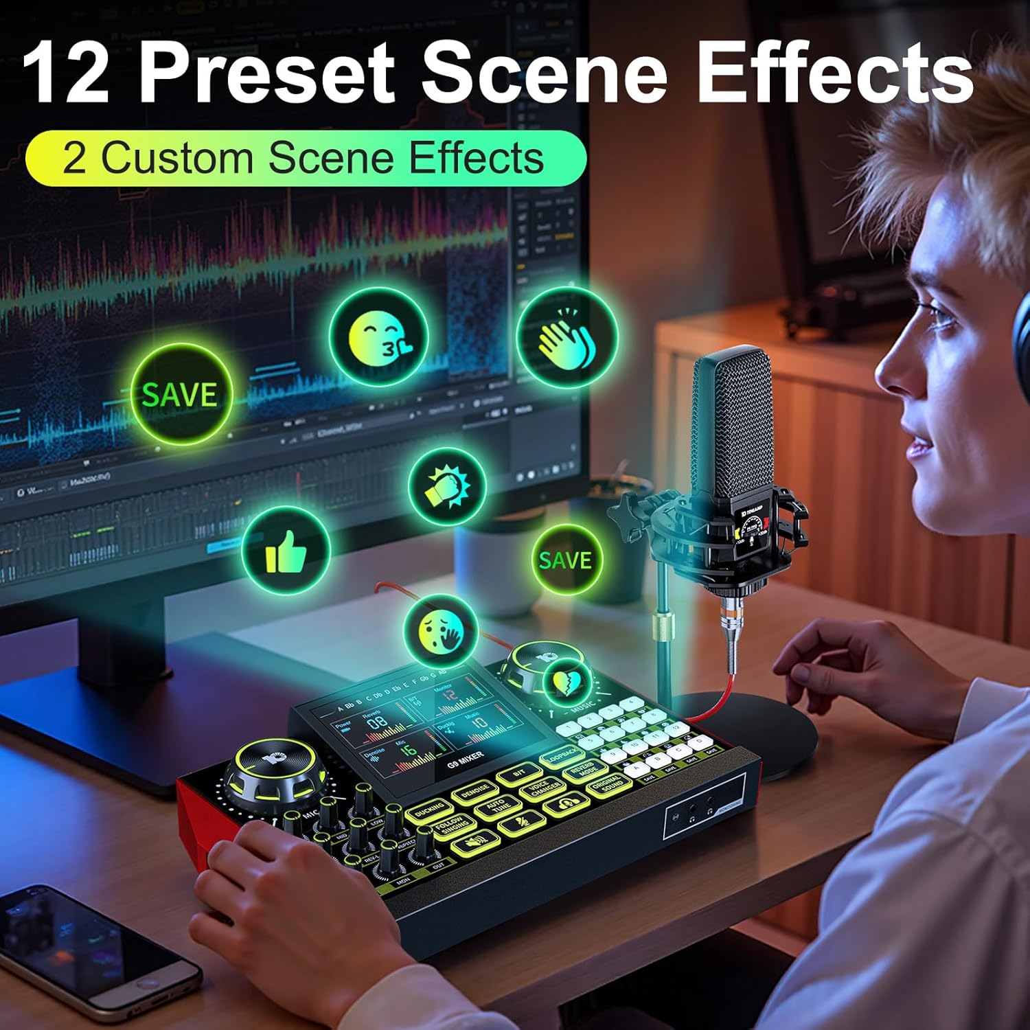 Podcast equipment bundle with live sound card audio mixer, podcast equipment with 3.5mm microphone, soundboard for phone, computer, live streaming, singing, recording, and content creation.