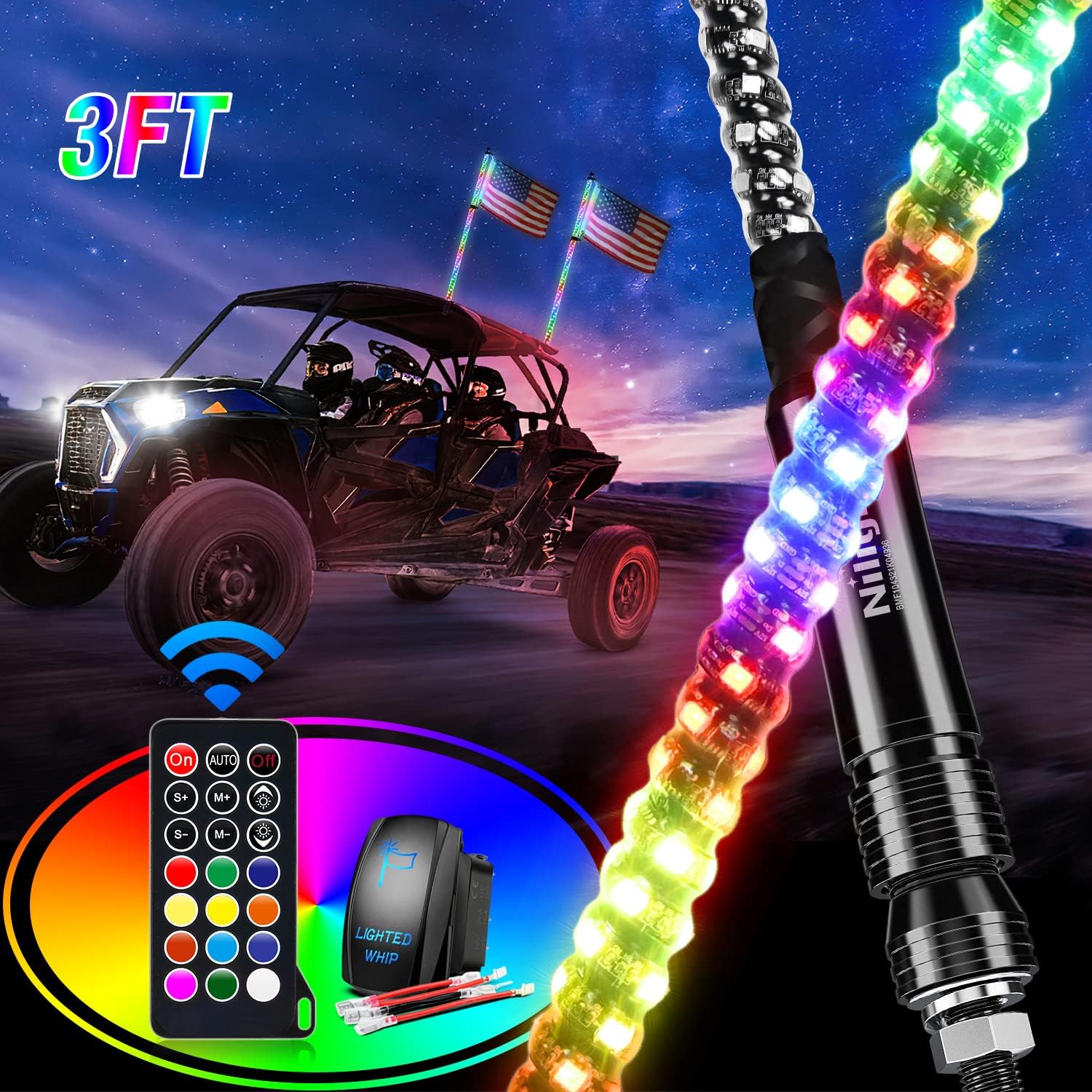 Nilight 2PCS 3FT Spiral RGB Led Whip Light w/RGB Chasing Light RF Remote Control Lighted Antenna for Can-am ATV UTV RZR Polaris Dune Buggy 4 Wheeler Offroad Jeep Truck