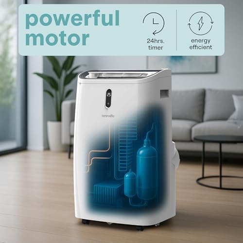 SereneLife 12,000 BTU Portable Air Conditioner - Compact Room Air Conditioner with Dehumidifier & Fan, Mini AC Unit for Rooms Up to 550 Sq. Ft., Window Kit Included, Rolling Wheels, Black