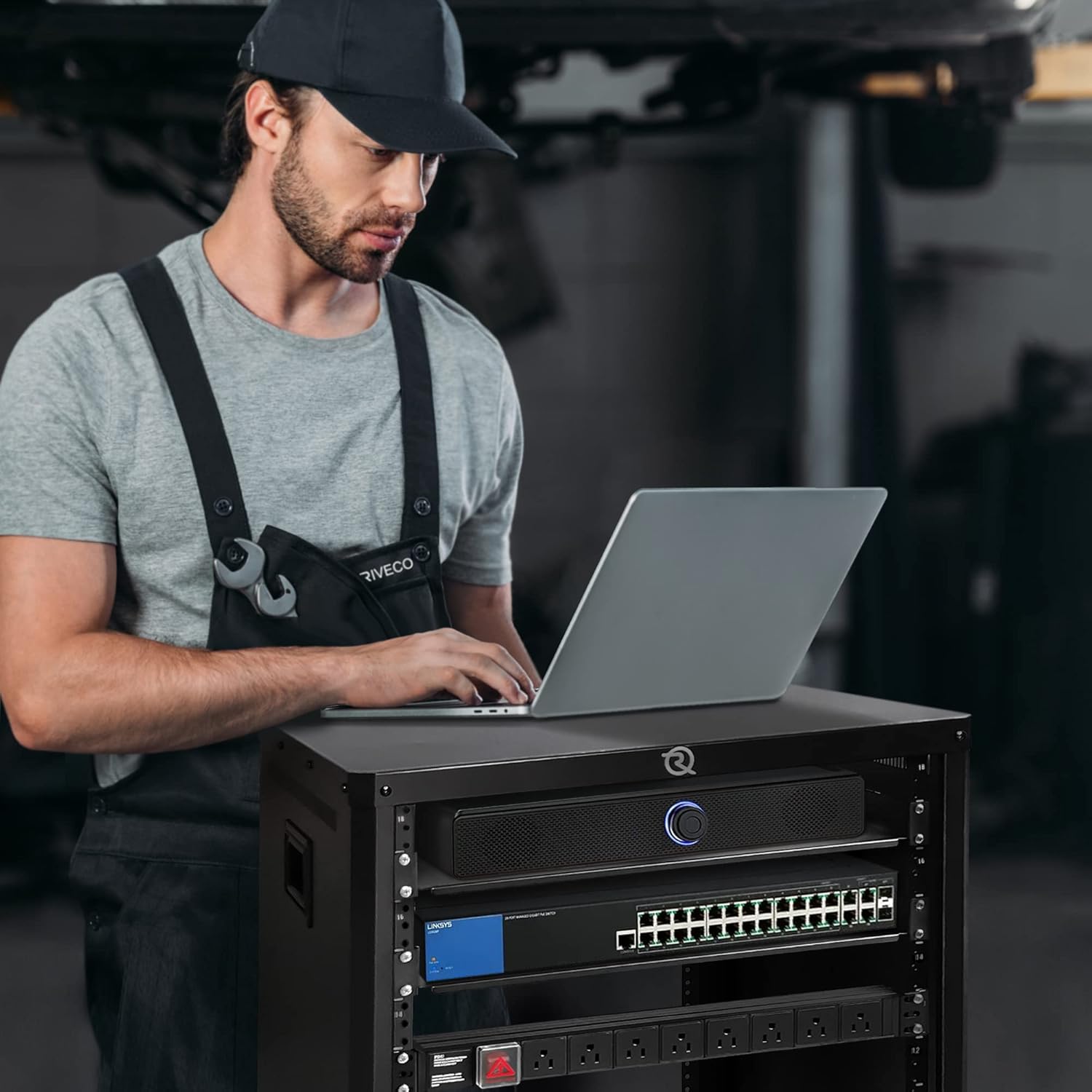 RIVECO 9U Network & Audio Rack with Feet & Wheels, Obtuse Angel Server Rack Cabinet, Rolling Studio Rack Case with Adjustable Depth Rails for 19