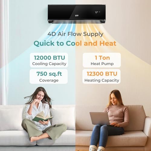 COSTWAY 12000 BTU Wifi Enabled Mini Split Air Conditioner & Heater, 22 SEER2 208-230V Inverter AC Unit Cools up to 750 Sq. Ft, Energy Efficient, Heat Pump (Black, 12000BTU, 208-230V, 22 SEER2-WIFI)