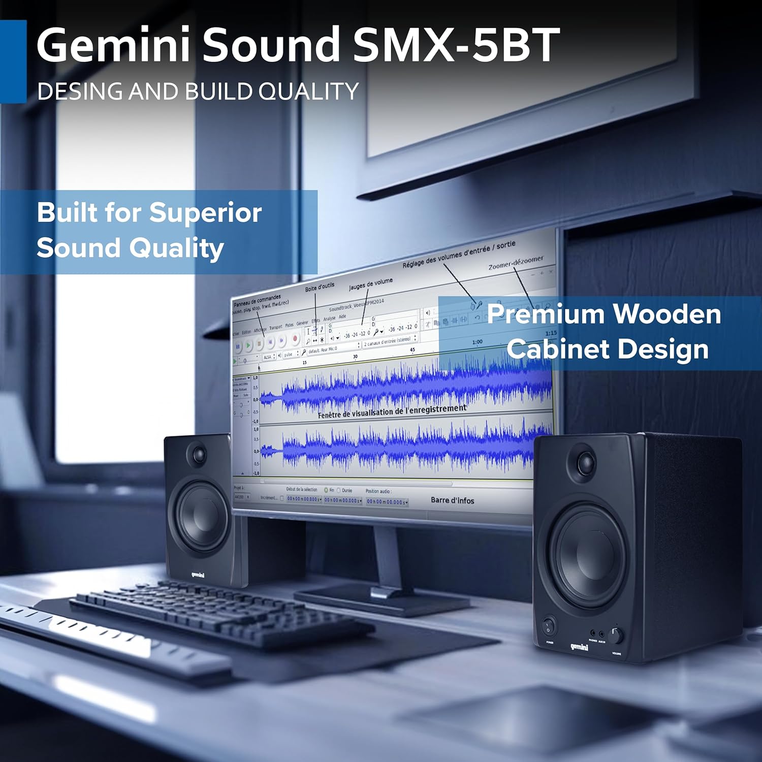 Gemini Sound SMX-5BT 5” Studio Monitor Speakers with Bluetooth - 200W Peak Power, TRS/RCA/Aux Inputs, Acoustic Tuning, Active/Passive Pair for Home Studio, DJ, and Music Production