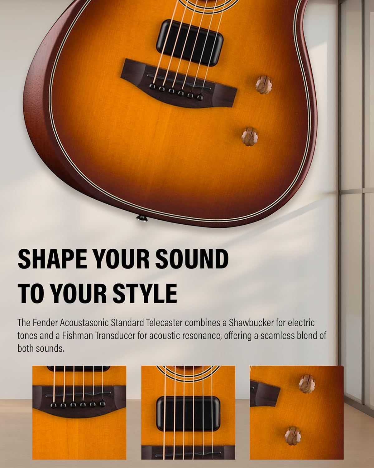 Fender Acoustasonic Standard Telecaster - Honey Burst Bundle with Strap, Guitar Cleaning Kit and Austin Bazaar Instructional Video