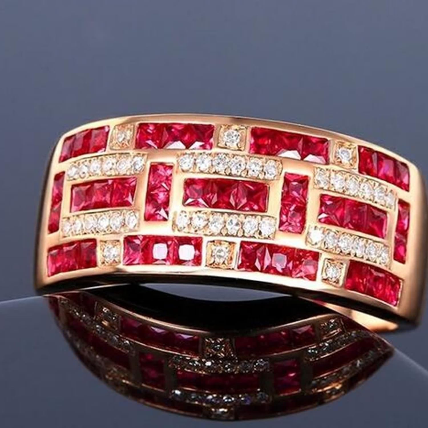 18K Rose Gold Rings, Women's Wedding Bands Lab Created Ruby Drill Row Rose Gold Ring with Moissanite for Bride