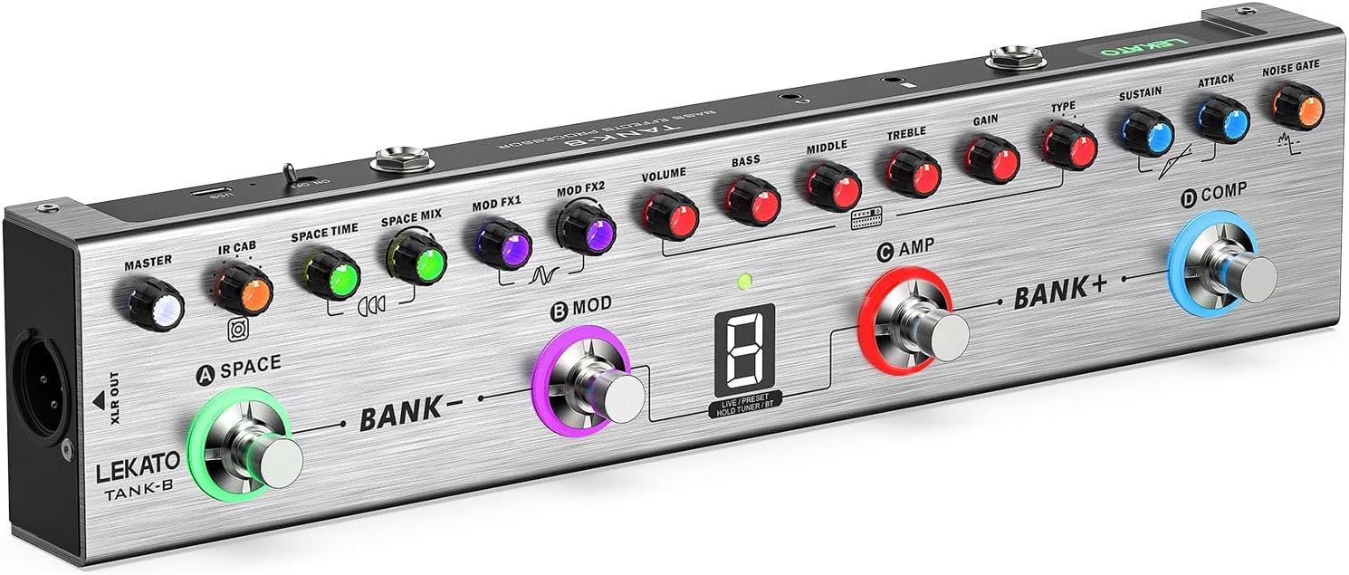 LEKATO Bass Multi Effects Pedal, Bass Effects Pedal with 36 Presets, Editable 4 Modules, Amp, Compressor, Mod, Space, Reverb, IR CAB, Tuner, BT Connection, Music Recording
