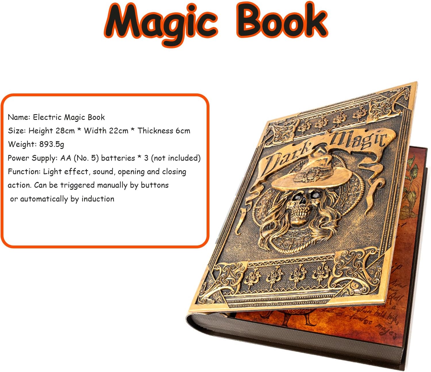 Halloween Decoration,Halloween Animatronic Magic Book Decor - Touch/Motion Activated, Light & Eerie Sound Effects,Skull Design for Haunted House/Party,Perfect for Spooky Decor Gifts ( 8.6x11in )