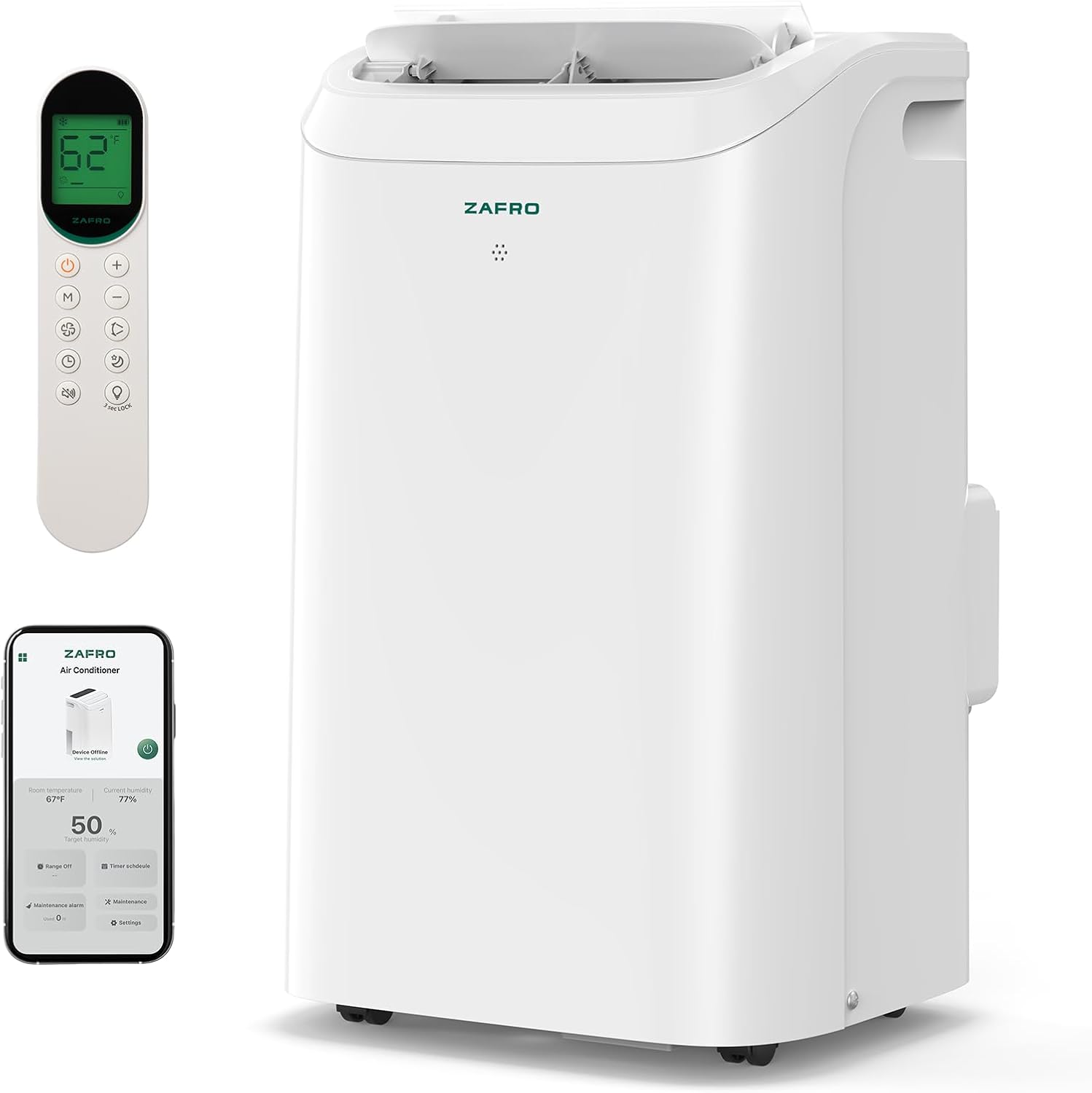 ZAFRO Portable Air Conditioners 12,000 BTU (8000 BTU SACC),44dB Quiet Cooling, WiFi/App Control, 24h Timer with Fan & Dehumidifier, for Bedroom, Office, Adjustable Design, Easy Installation