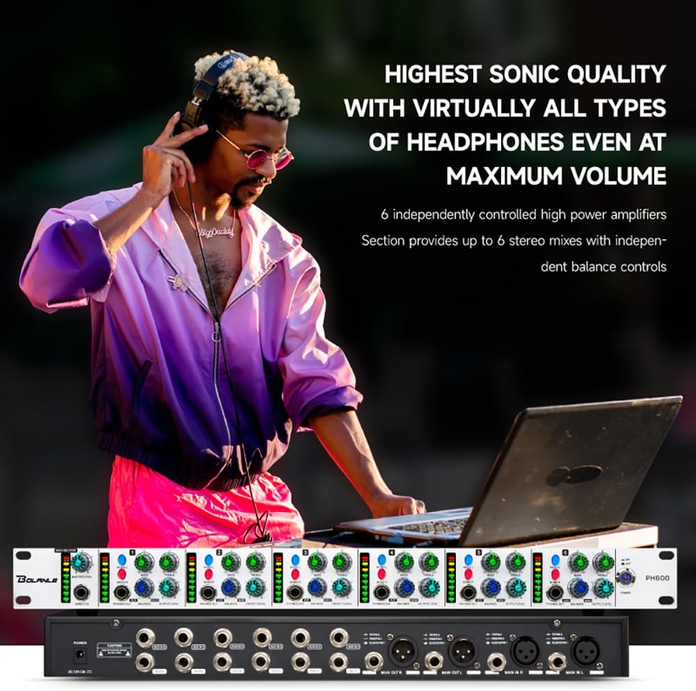 Bolanle PH6000 6-Channel Headphone Mixing Distribution Amplifier High-Power Headphone Amplifier 3.5mm & 6.35mm Jacks