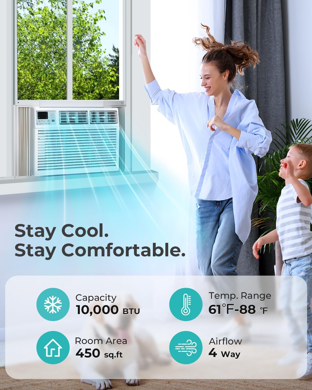 Window AC Unit, 10000 BTU Window Air Conditioner, Cool Rooms up to 450 Sq.Ft., 6-in-1 Modes,24H Timer, Energy Saving, Remote Control, Perfect for Bedroom, Apartment, Living Room, Office