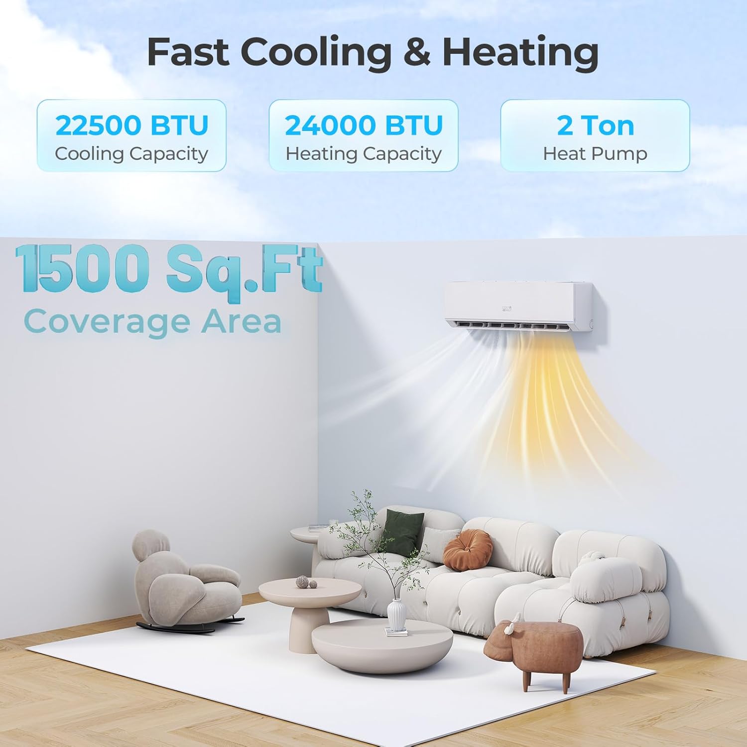 COSTWAY 24000 BTU Mini Split Air Conditioner & Heater, WiFi Enabled 25 SEER2 208-230V Ductless Inverter AC Unit w/2 Ton Heat Pump & Installation Kit, Works w/Alexa, Cools Rooms Up to 1500 Sq.Ft