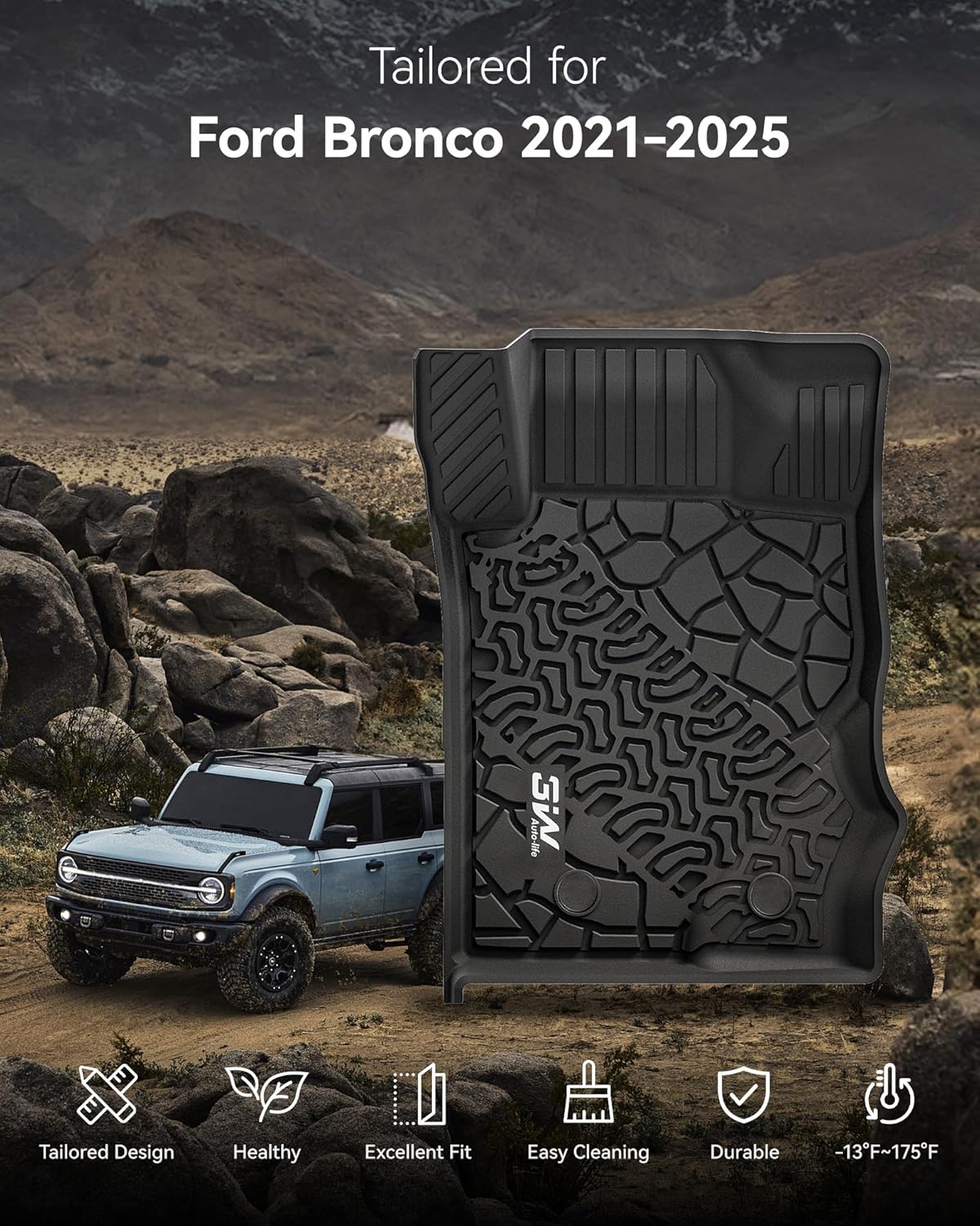 3W Ford Bronco Floor Mats & Cargo Liner & Back Seat Cover Custom Fit for 2021 2022 2023 2024 2025 Bronco 4 Door All Weather Custom Fit Ford Bronco Accessories (Not for Sport & Rubberized Floor)