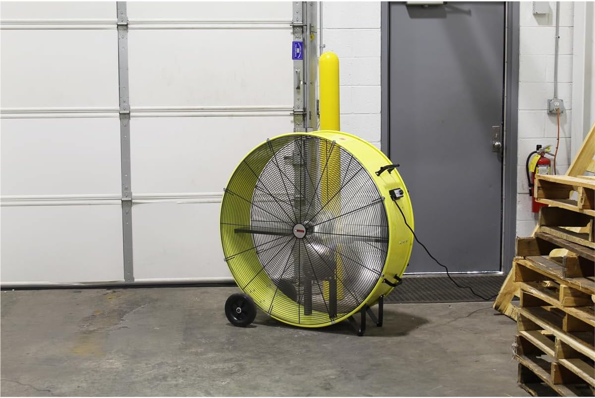 K Tool International 77743 42” Belt Drive Drum Fan with 8” Wheels, High-velocity, 2-Speed, Cut-off Protection, 14,800 Max CFM, cUL listed, Used in Warehouses, Shops, Greenhouses, Barns, Gyms, Yellow