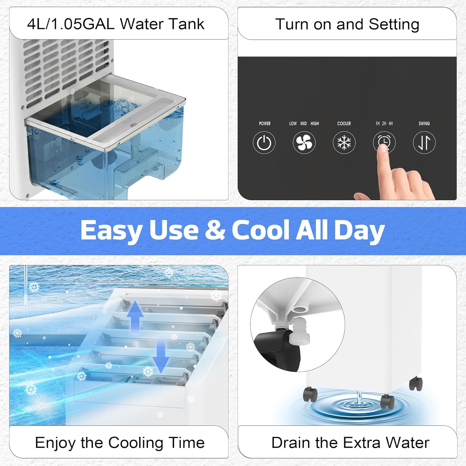 3-IN-1 Windowless Portable Air Conditioner, Evaporative Air Cooler with 90° Oscillation, 3 Speeds, Remote, 1 Gal Water Tank, 4 Ice Packs, Timer, Fast Cooling Fan for Indoor Bedroom Office