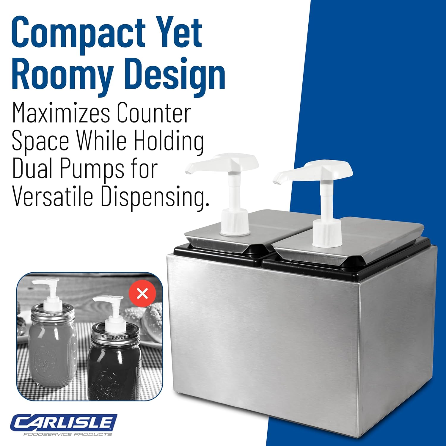 Carlisle FoodService Products Condiment Rail Condiment Center with 2 Standard Pumps for Gas Stations, Restaurants, And Fast Food, Stainless Steel, 9.63 x 7.75 x 10.75 Inches, Silver
