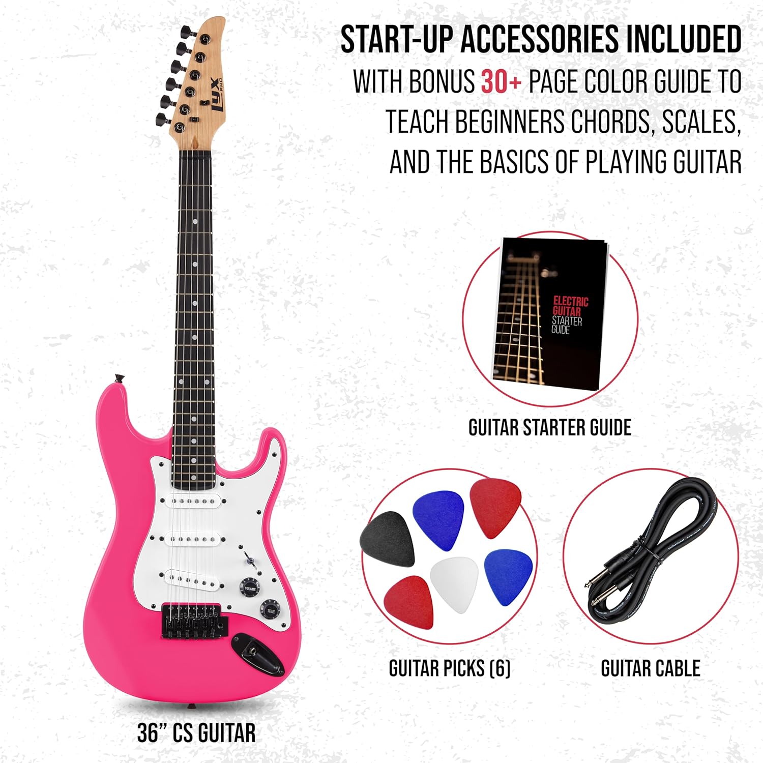 LyxPro CS 30” Electric Guitar Kit for Beginner, Intermediate & Pro Players with Guitar, Amp Cable, 6 Picks & Learner’s Guide | Solid Wood Body, Volume/Tone Controls, 5-Way Pickup - Pink