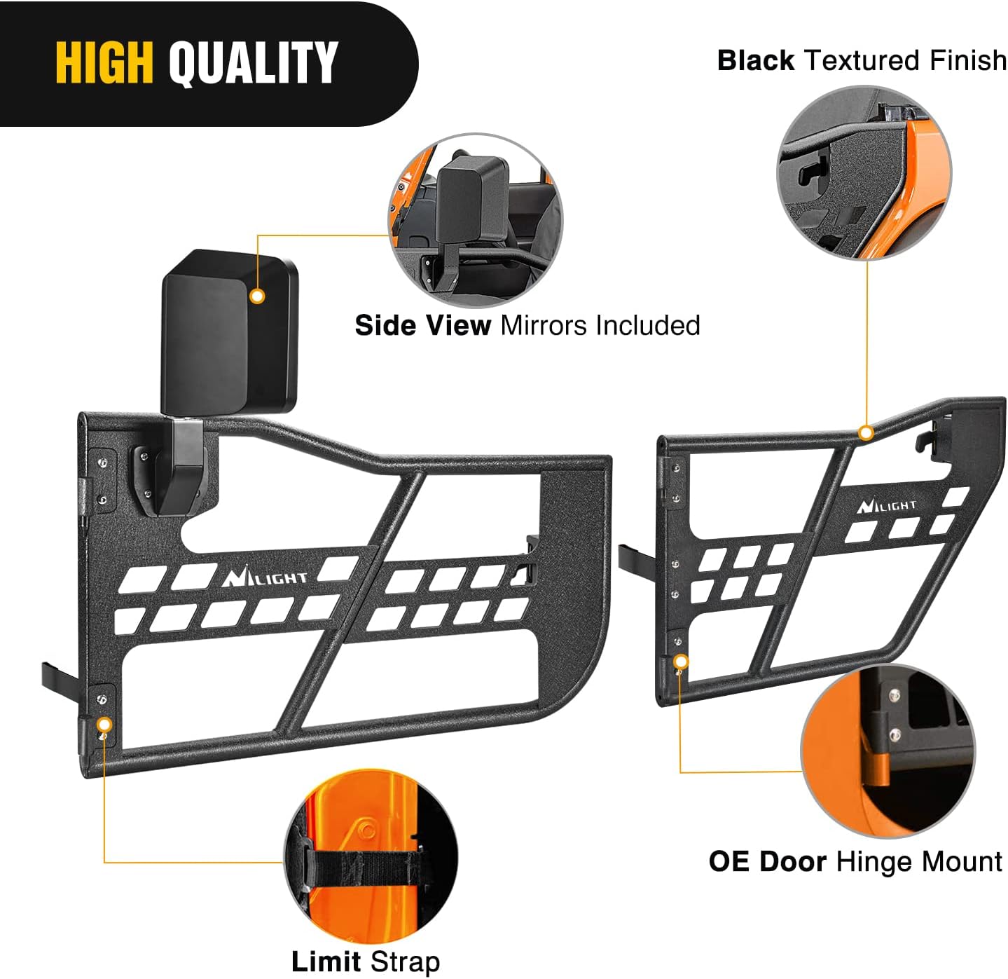 Nilight Off Road Front Rear Tubular Doors with Side View Mirrors Compatible with 2018 2019 2020 2021 2022 2023 2024 2025 Wrangler JL 2020 2021 2022 2023 2024 2025 Gladiator JT 4 Door Only