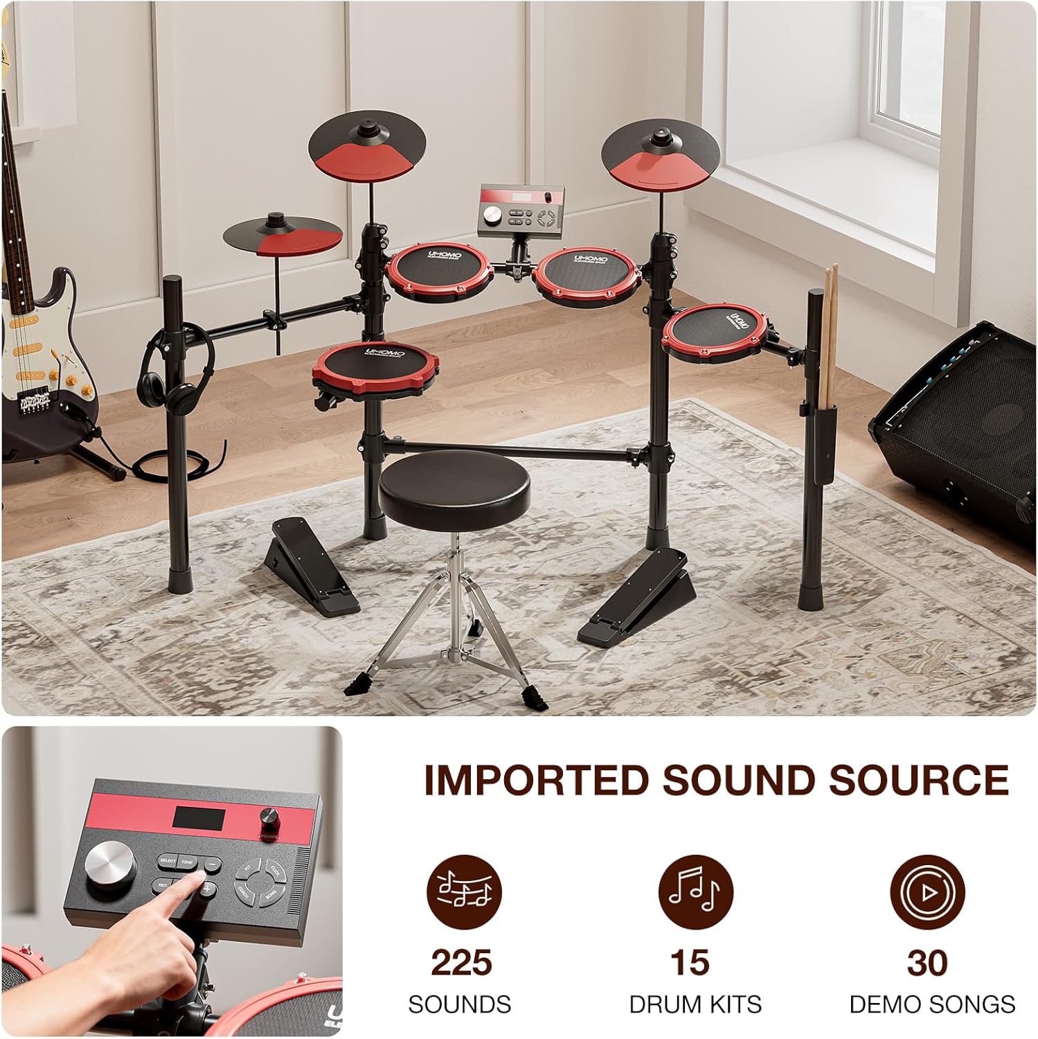 UMOMO UMD-771 Electric Drum Set, Electronic Drum Set With Mesh Electric Drum Pads, 225 Sounds, Drum Sticks, Headphones & Audio Cables, Stable Steel Frame, 15 Drum Kits, for Beginner, Red & Black