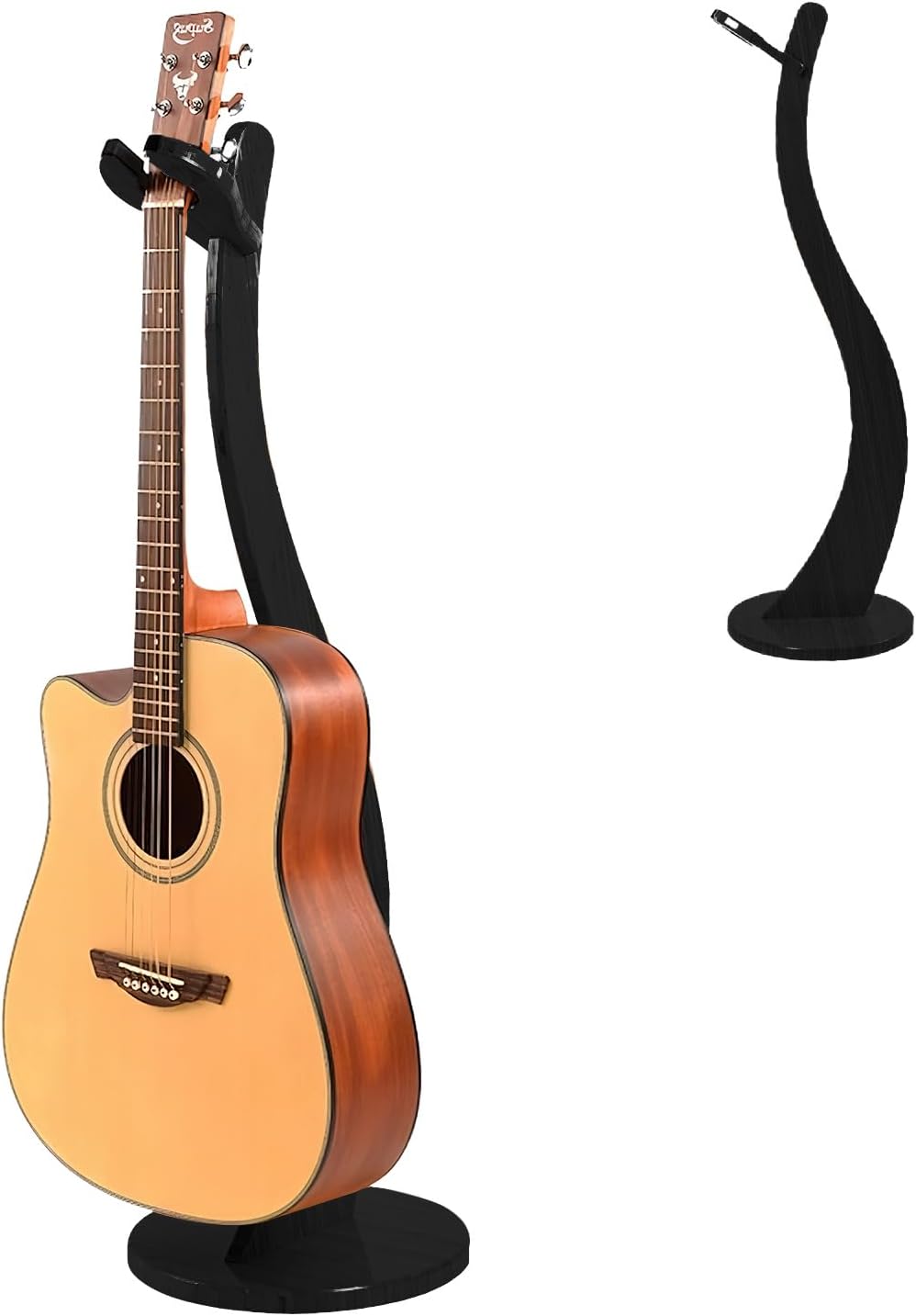 Wooden Guitar Stand Floor - Handmade Bamboo Guitar Music Stands for Acoustic Guitar Players, Wood Guitars Holder with Hanger for Electric Guitar, Banjo (Black)