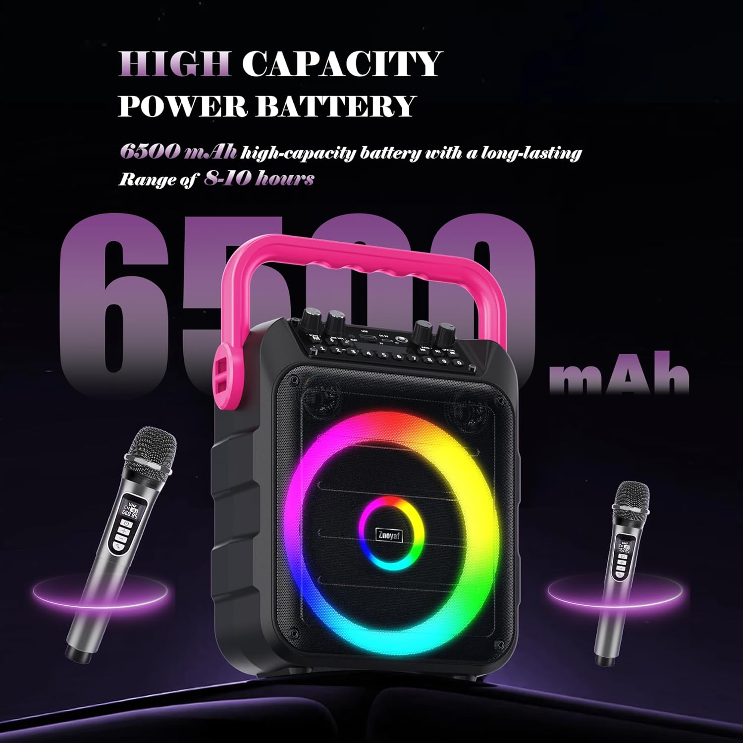 Karaoke Machine for Adults & Kids, 5.3 Bluetooth Speaker Portable with 2 Wireless Microphones, Bass/Treble Adjustment, Remote and LED Light, Support REC/FM/AUX/USB/TF for Home Party, Blackpink