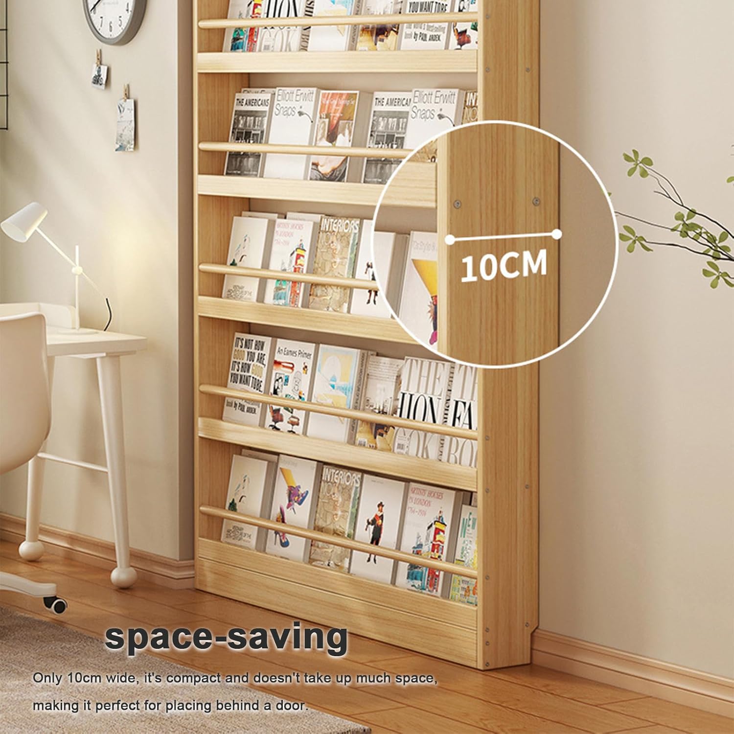 Behind The Door Bookshelf, 3-6 Tier Wooden Bookcases, Open Display Storage, Space-Saving, Wall Mount Shelf, for Books in Bedroom, Living Room 4F 100cm