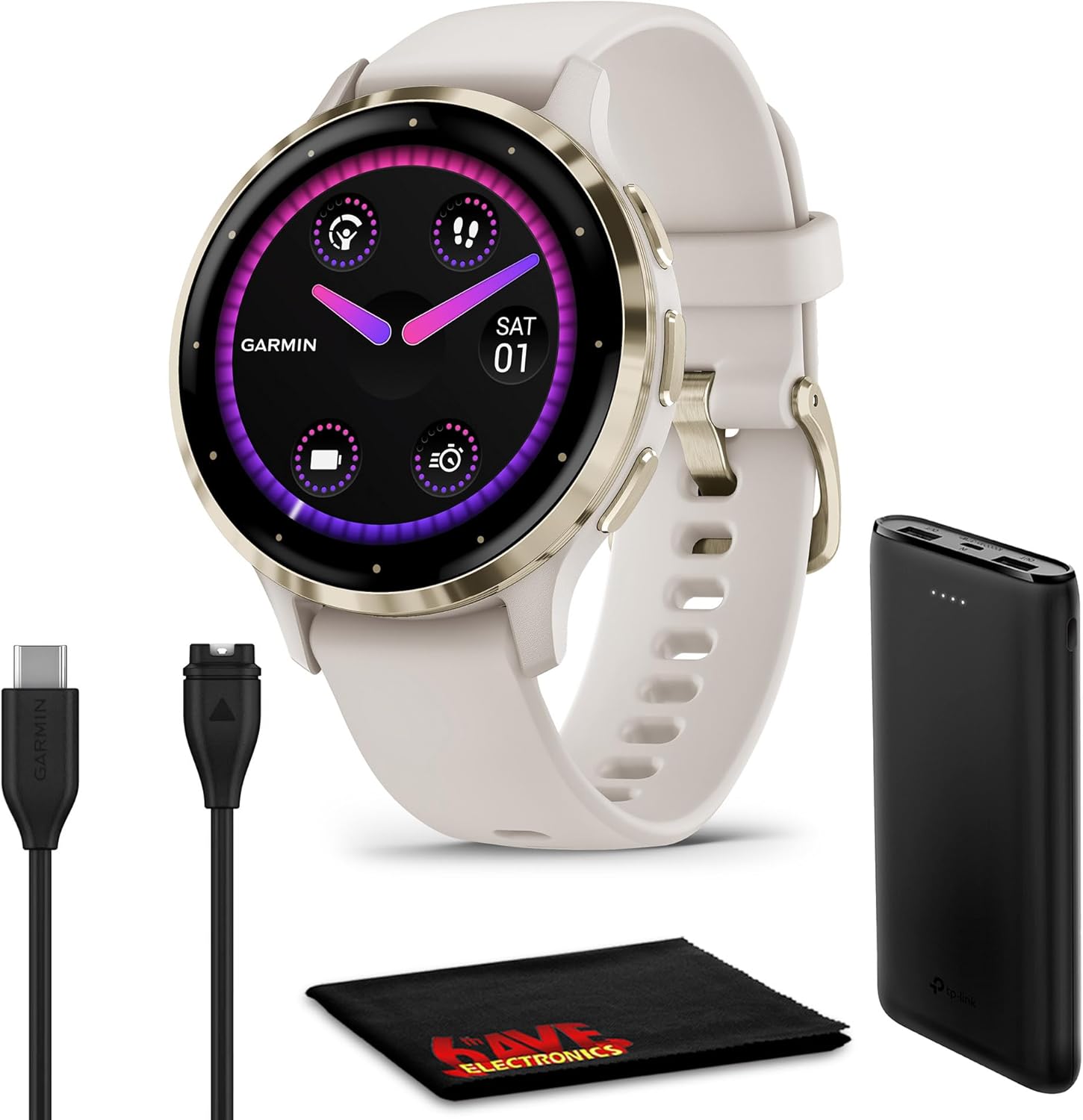 Garmin Venu 3S Advanced Fitness and Health Tracker Smartwatch Soft Gold Stainless Steel Bezel with Ivory Case and 41MM Silicone Band 1.2 Inch AMOLED Touch Screen Display, Bundle with Accessories