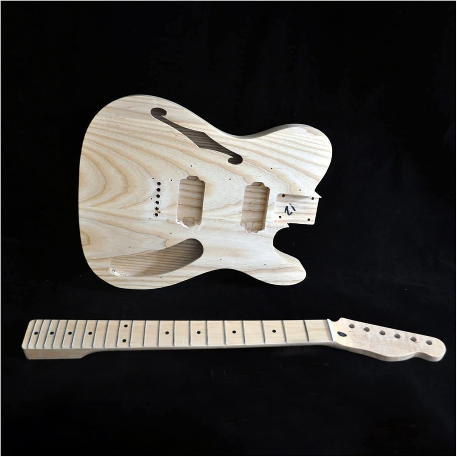 TSTS DIY Electric Guitar Kit Semi-Hollow Ash Body with F Holes Maple Neck 21 FretsTruss Rod Adjust Unfinished Electric Guitar Kit