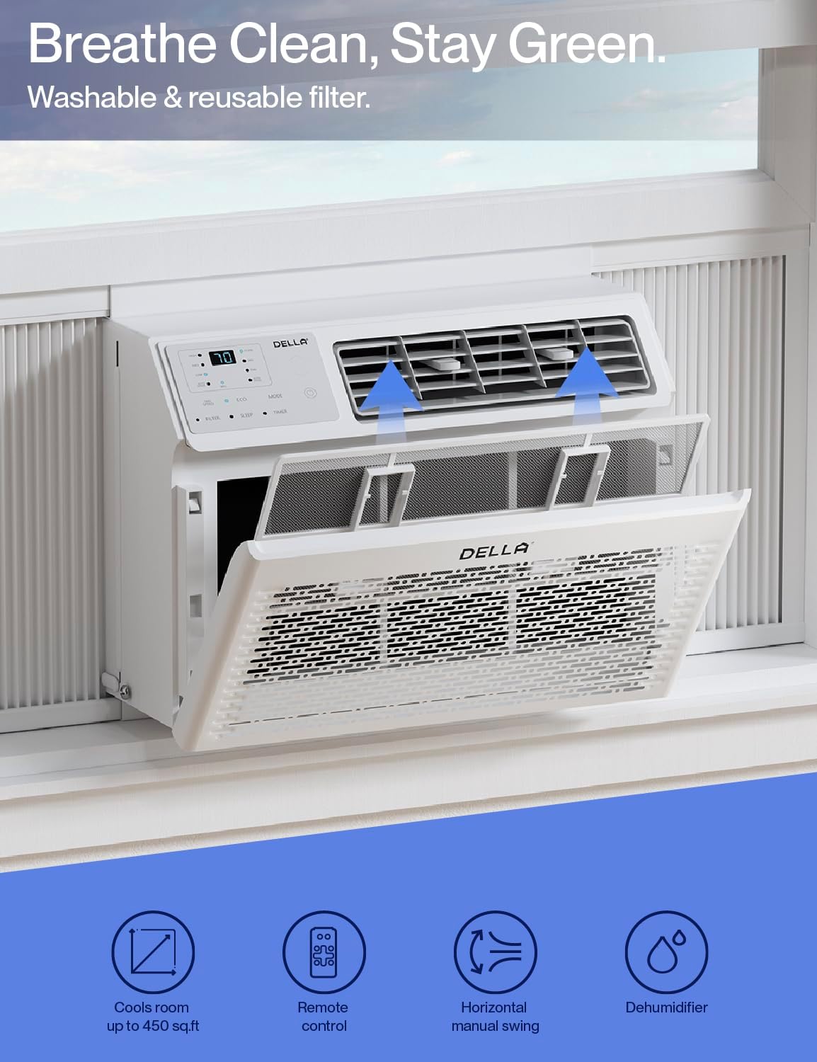 DELLA 10000 BTU Energy Saving Window Air Conditioner, Work with Alexa, Cools Up to 450 Sq. Ft, GEO Location, AC Unit with WIFI Smart Controls, Remote, Dehumidifier, Fan, Reusable Filter, Easy Install