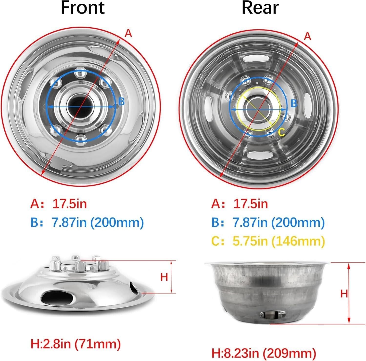 4pcs 17 inches Polished Dually Wheel Simulators, Bolt On 304L Stainless Steel Wheel Cover, Screw on 8 Lug 4 Hand Hole Hubcaps Fit for 2005-2024 Ford F350 2WD/4WD w/Tool Kit 708A