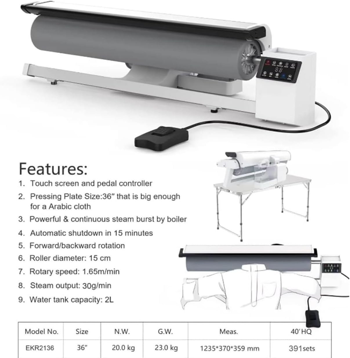 Commercial Roller Ironing Machine, 36 Inch Rotary Steam Press for Efficient Laundry, Digital Fabric Rotary Steamer for Pillowcases and Napkins Care