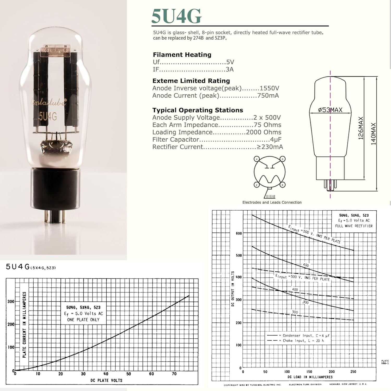 LINLAI 1piece 5U4G Full Wave Rectifiers High Vacuum Hifi Valve Electronic Tube for Audio Amplifier Replaced by 274B or 5U4G 5Z3P