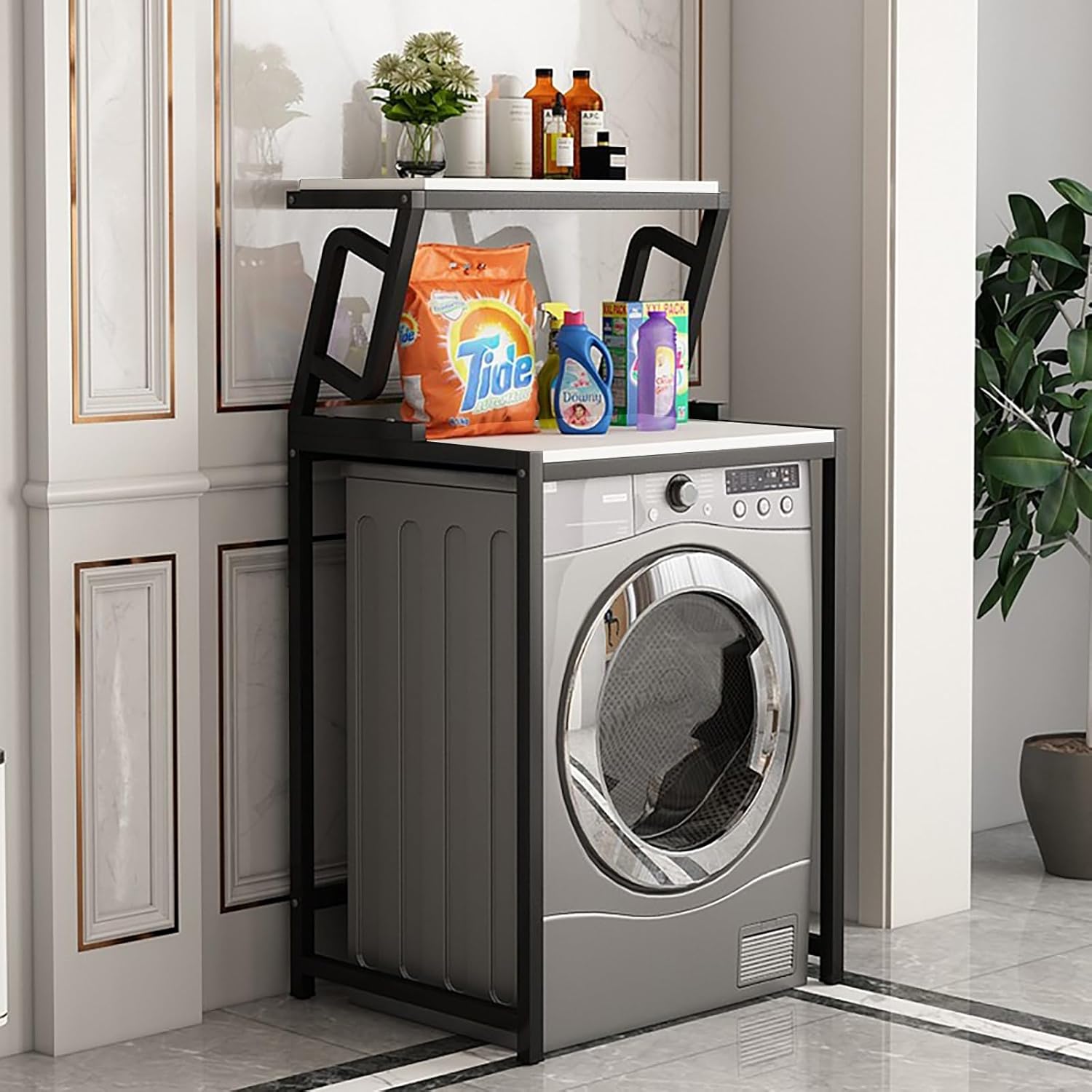 Tiers Washing Machine Storage Rack,Over The Washer and Dryer Storage Shelf,Space Saving Shelving Units,Laundry Room Storage Organizer,Drum Washing Machine Cabinet(Black White) Tumbl