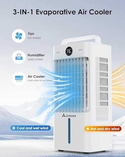 Windowless Portable Air Conditioners with Remote, 3-IN-1 Evaporative Air Cooler with Display, 2.64-Gal Tank for 10H Cooling, 3 Modes & 6 Speeds, 60° Oscillation, 12H Timer, Swamp Cooler for Indoors